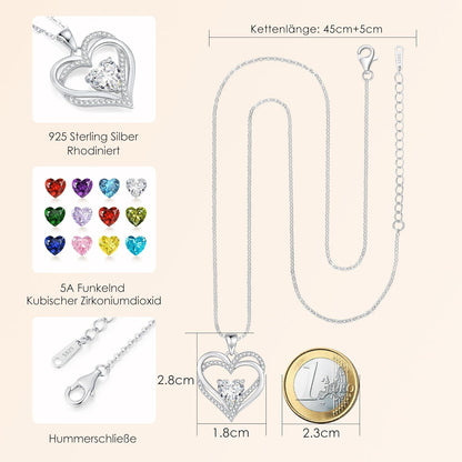 CDE Damen Herzkette 925 Sterling Silber Geburtsstein Halskette Mama Freundin Frau Valentinstag Muttertag