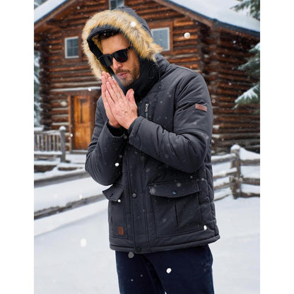 Herren Winter Parka mit abnehmbarer Kapuze, warm gefüttert, dunkelgrau 3XL