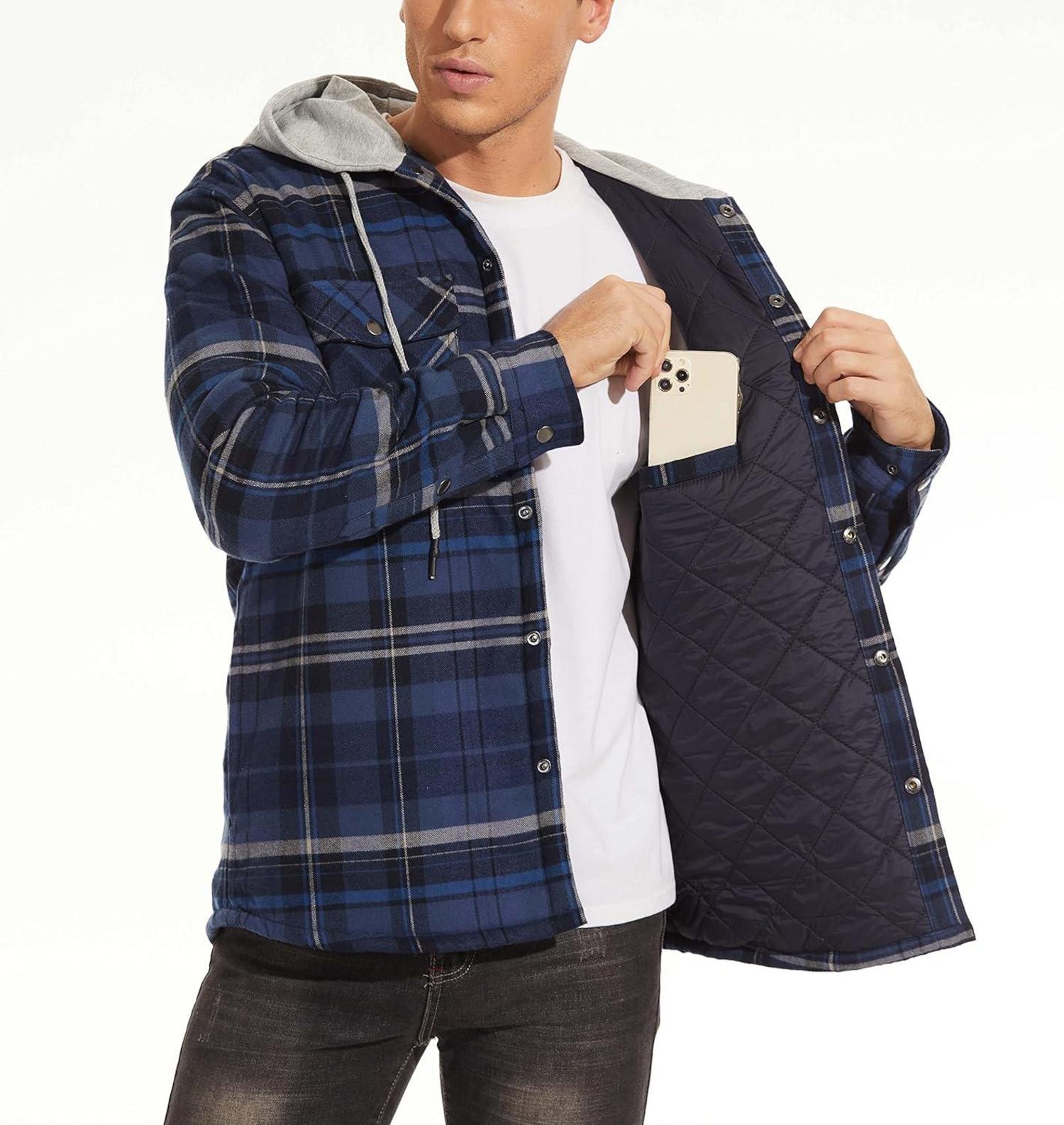 Herren Karierte Hemdjacke Thermohemd Kapuze Winter Blau XL