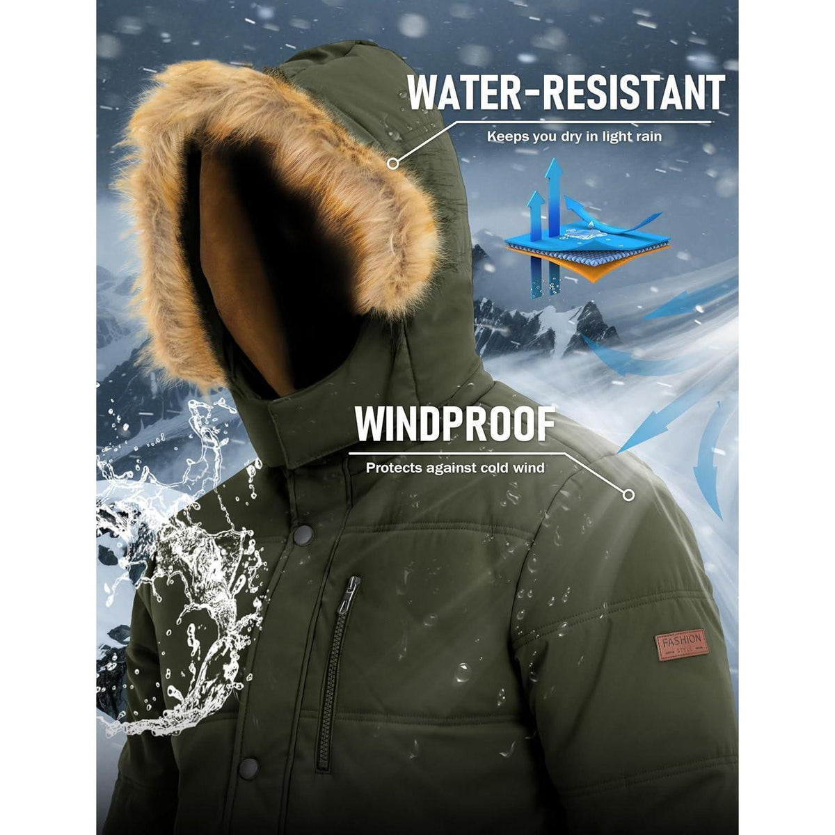 Herren Winter Parka mit abnehmbarer Kapuze, warm gefüttert, wasserabweisend, Armeegrün
