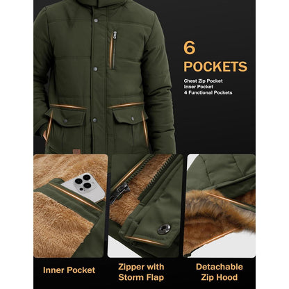 Herren Winter Parka mit abnehmbarer Kapuze, warm gefüttert, wasserabweisend, Armeegrün