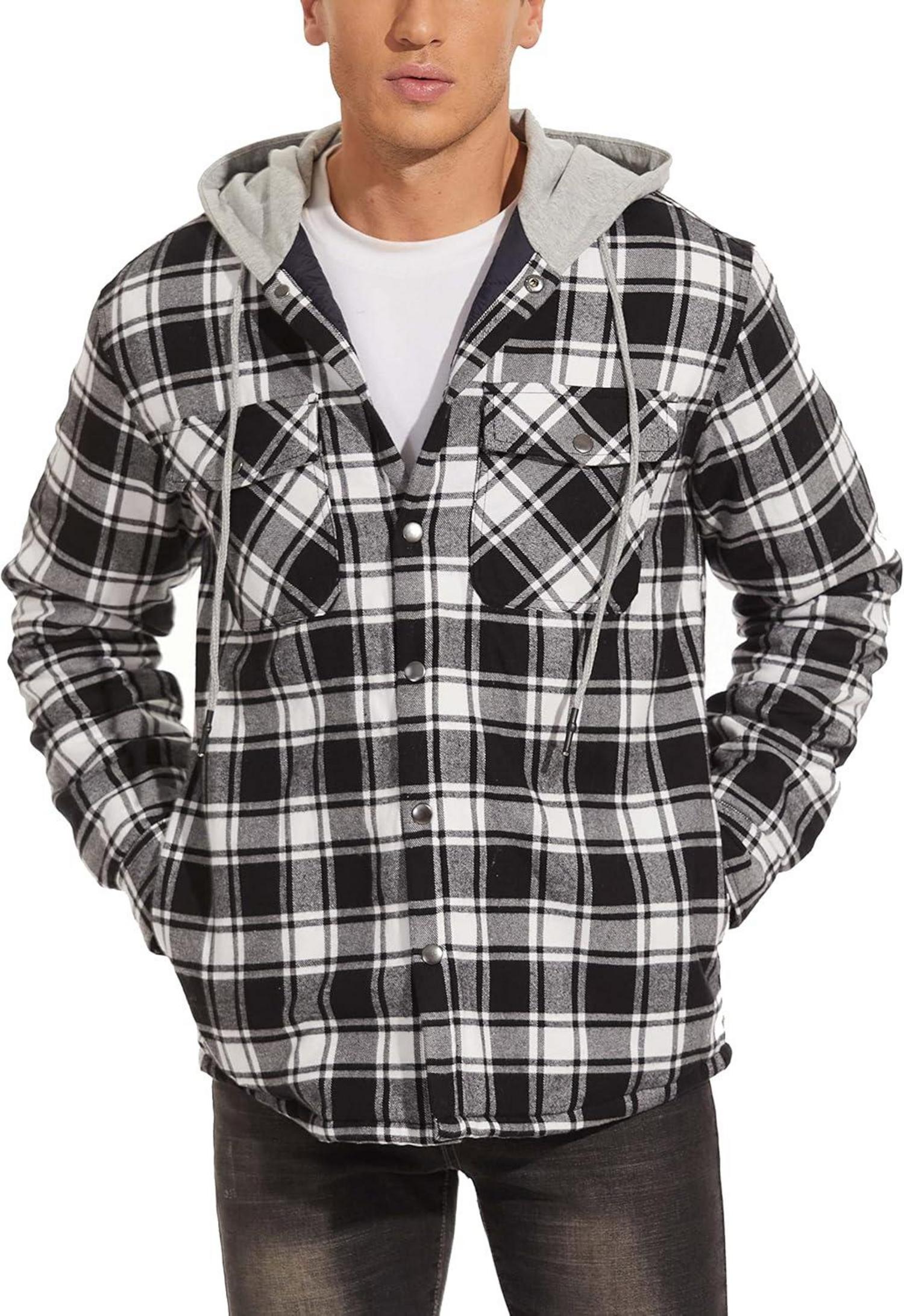 Herren Kariertes Thermohemdjacke Winter Gefüttert mit Kapuze