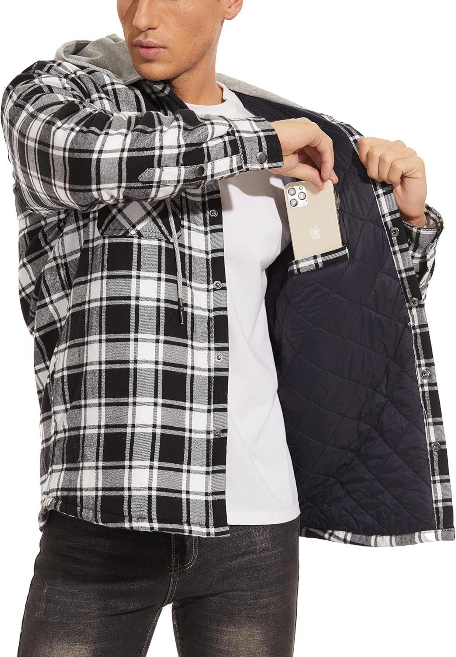 Herren Kariertes Thermohemd mit Kapuze Schwarz XXXL