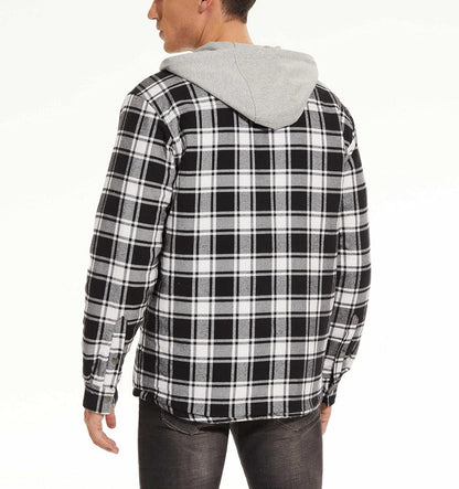 Herren Karierte Hemdjacke Winter Thermohemd Gefüttert Kapuze Schwarz XXL