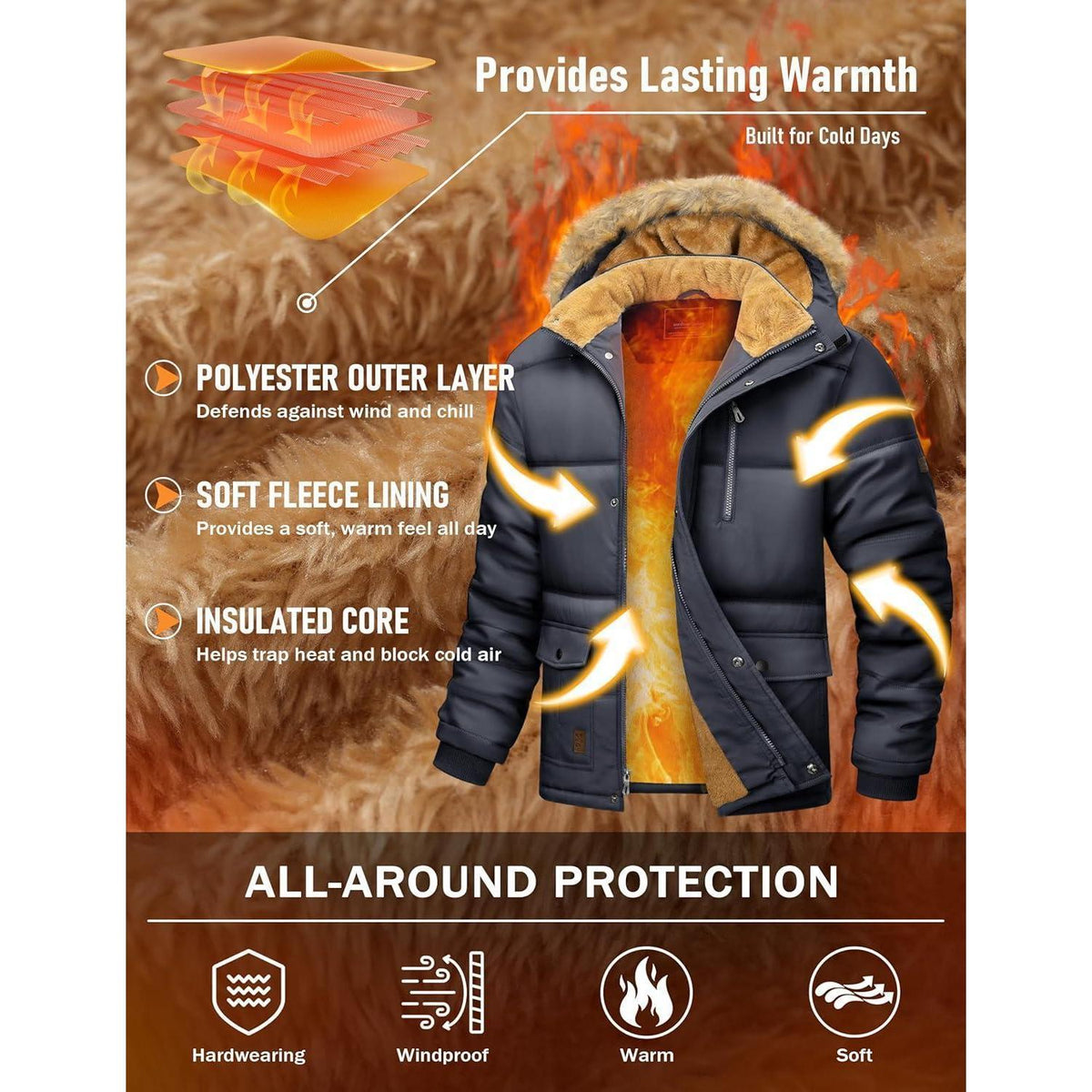Herren Winter Parka mit abnehmbarer Kapuze, warm gefüttert