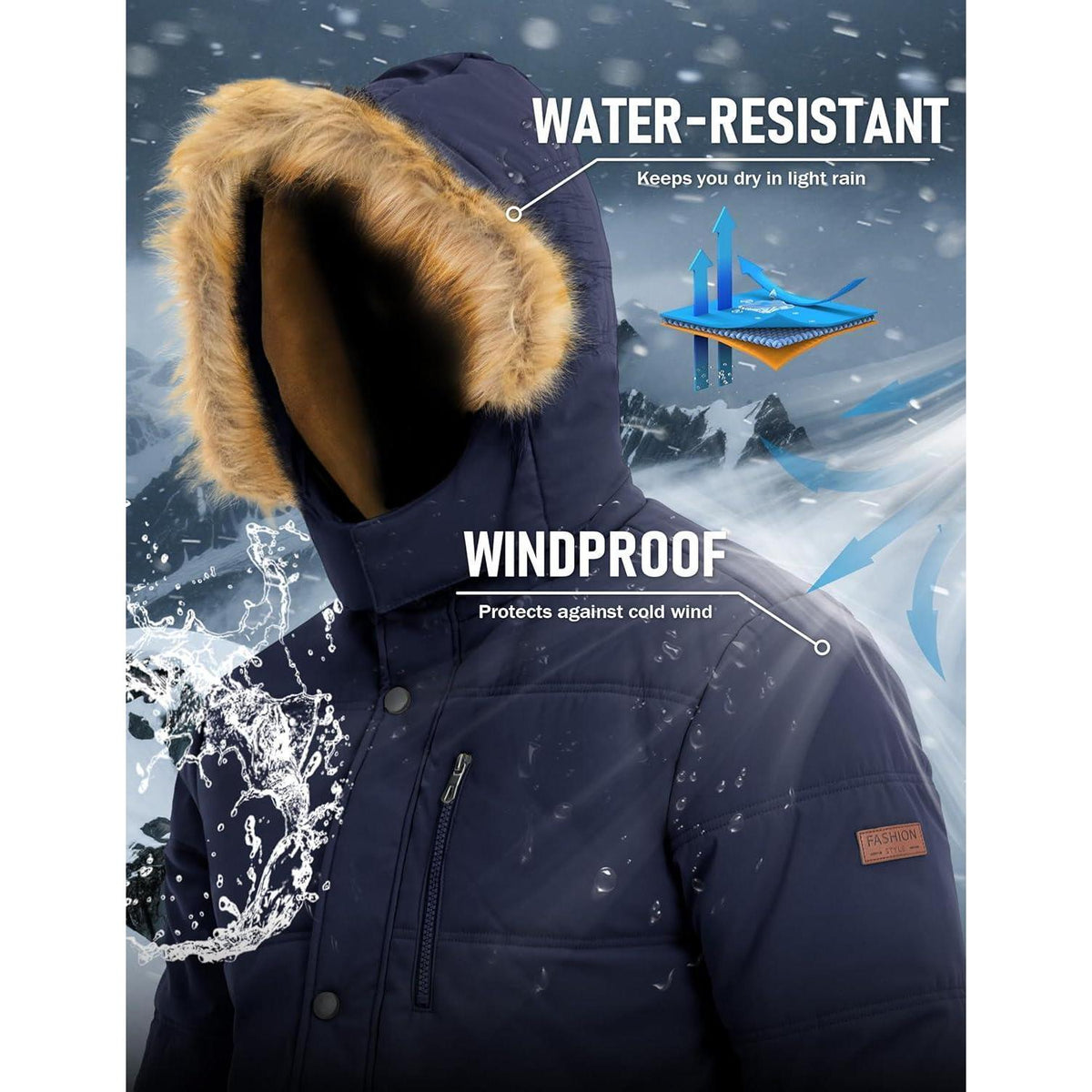 Herren Winter Parka mit warmer Fleece-Fütterung, wasserabweisend, Dunkelblau