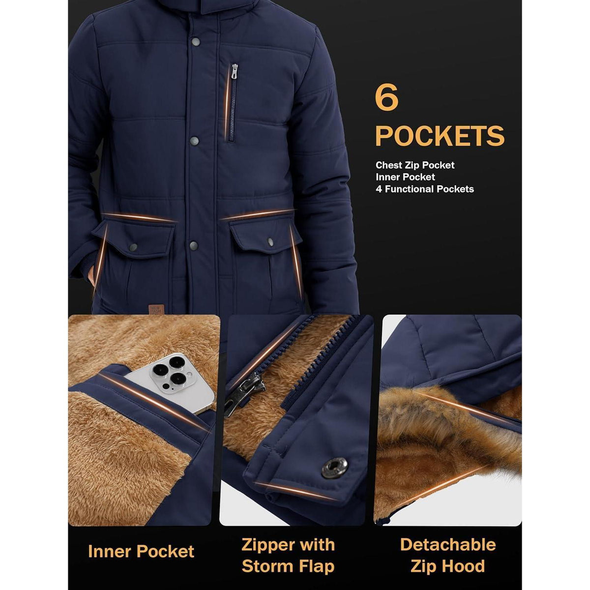 Herren Winter Parka mit warmer Fleece-Fütterung, wasserabweisend, Dunkelblau