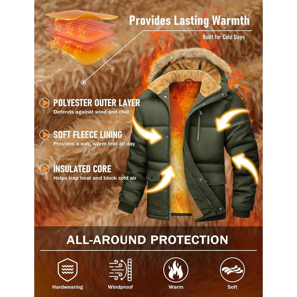Herren Winter Parka mit abnehmbarer Kapuze, warm gefüttert, wasserabweisend