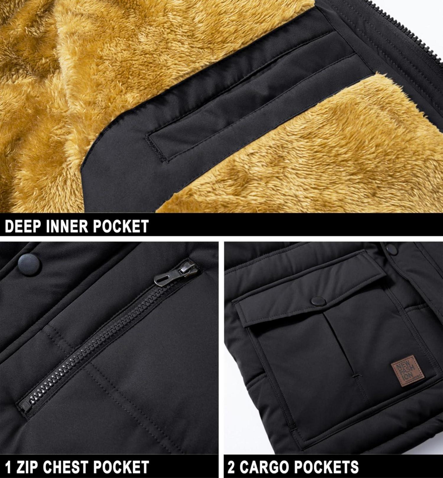 Herren Winter Parka Jacke Winddicht Fleecejacke Outdoor 3XL Schwarz