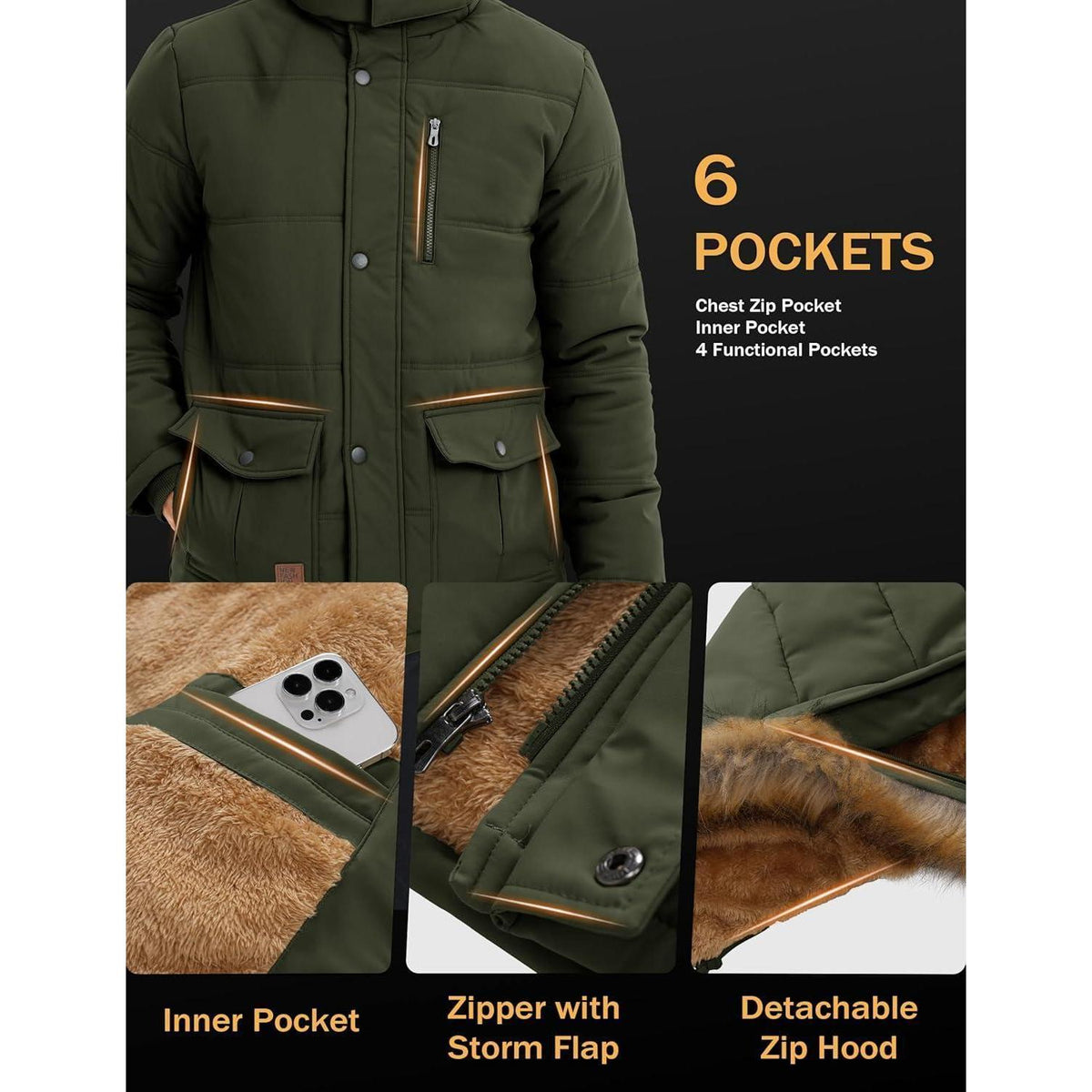 Herren Winterparka Fleecejacke Winddicht & Warm – Abnehmbare Kapuze