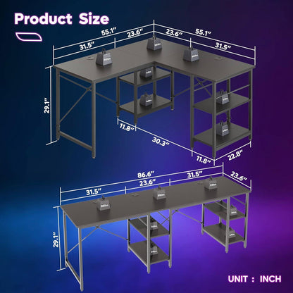 L-förmiger Schreibtisch 220CM mit Regalen Industrieller