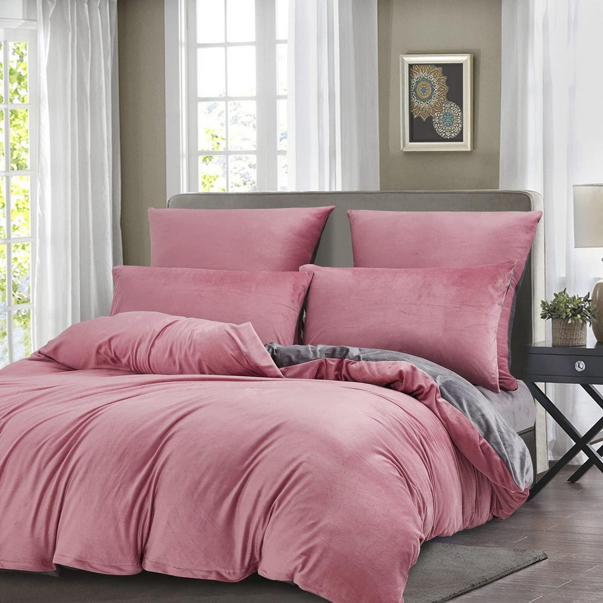 Flauschige Winterbettwäsche 135x200 - 4-teilig Rosa/Grau