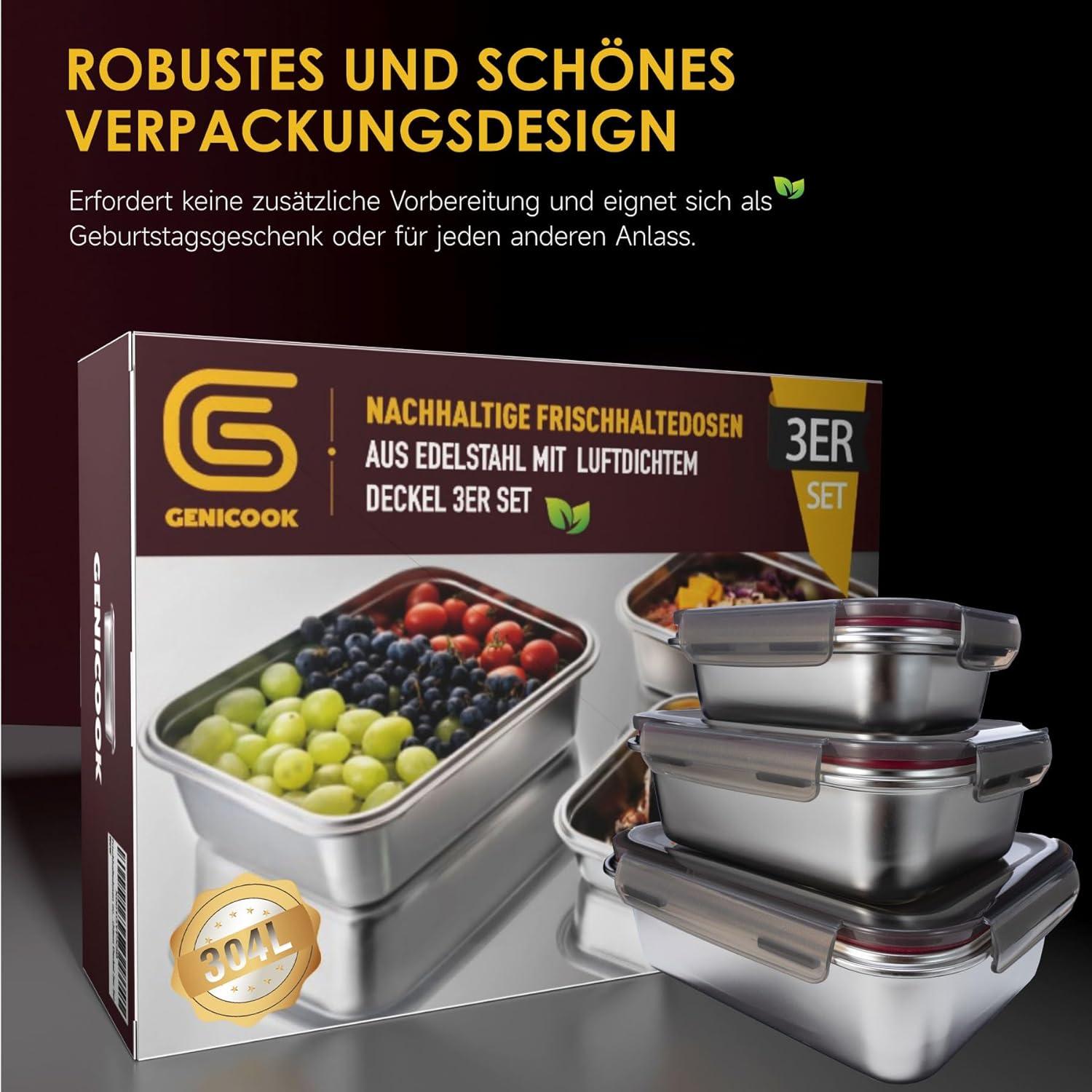 GENICOOK Edelstahl Frischhaltedosen luftdicht Vorratsdosen 3er Set