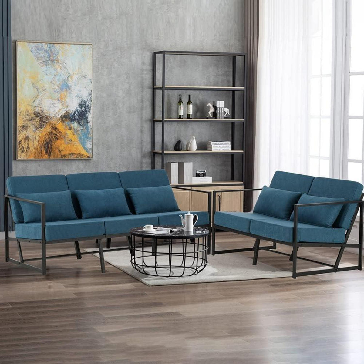 Mingone 3-Sitzer Sofa Blau – Gepolstert & Bequem für Wohnzimmer