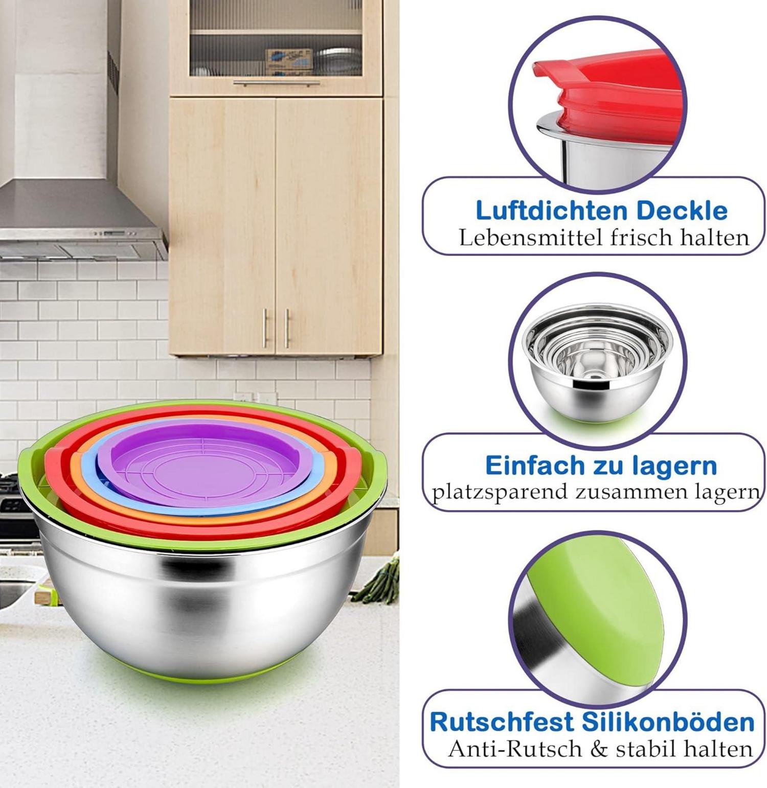 Rührschüssel Set Edelstahl Salatschüssel mit Deckel & rutschfesten