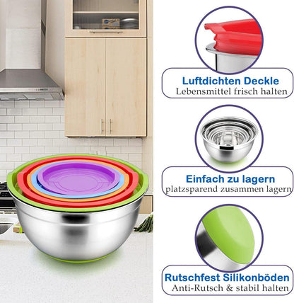 Rührschüssel Set Edelstahl Salatschüssel mit Deckel & rutschfesten