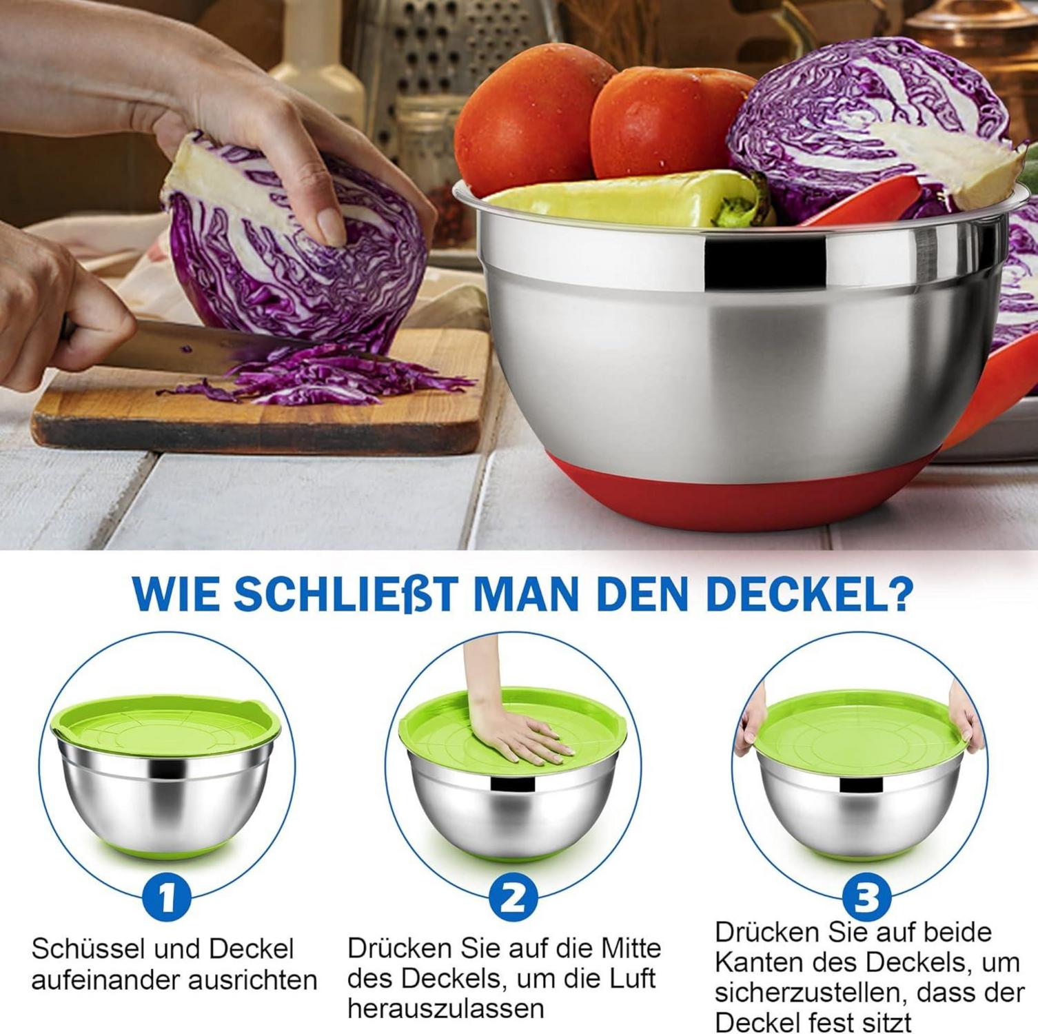 Edelstahl Rührschüssel Set 6er Luftdicht Stapelbar Bunt 6,7L/3,3L/2,5L