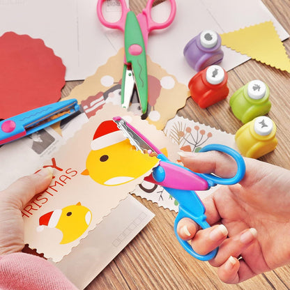 Kinder Bastelschere Set mit 6 Zickzackscheren & 6 Papierstanzern