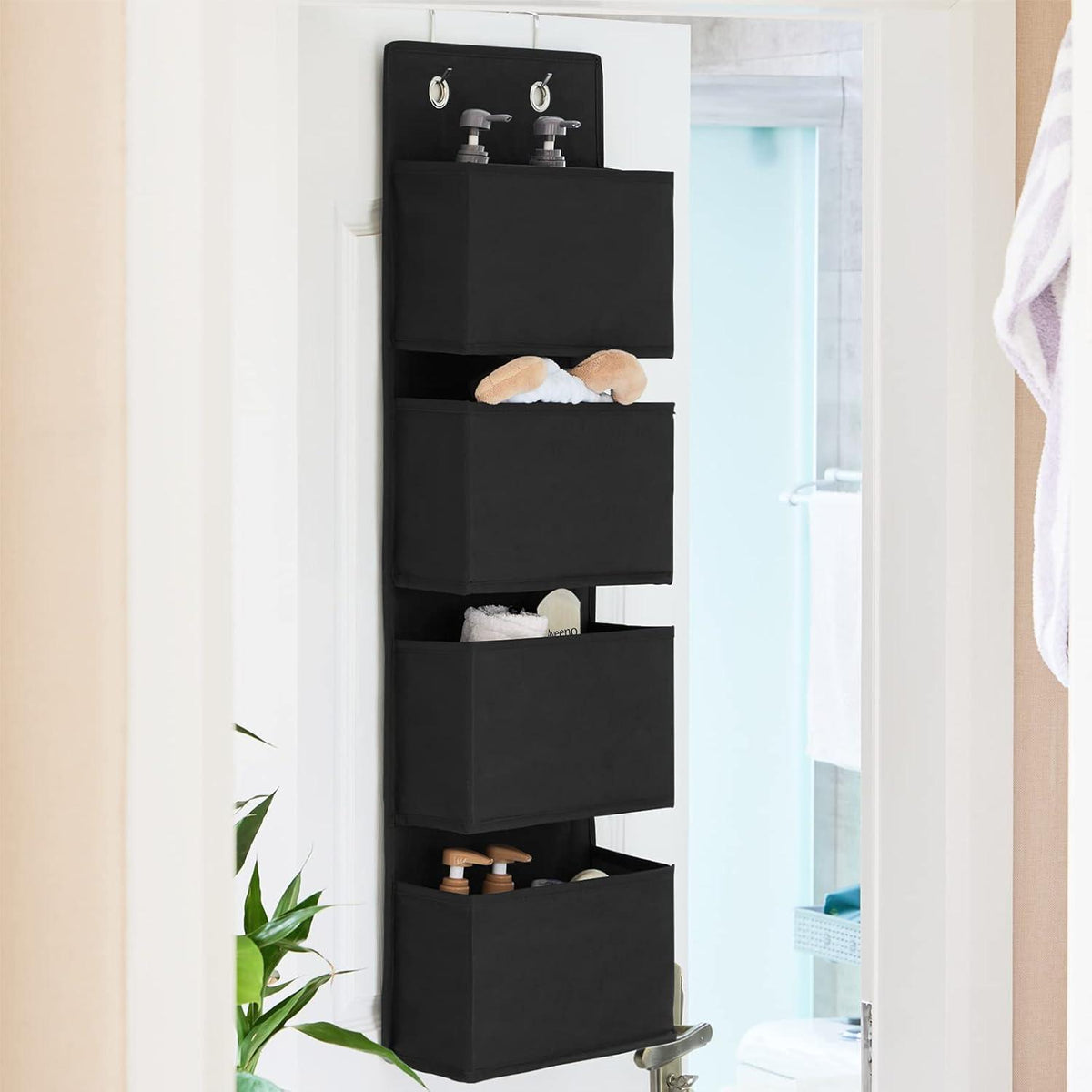 Hängeorganizer mit 4 Taschen und 2 Metallhaken, Schwarz