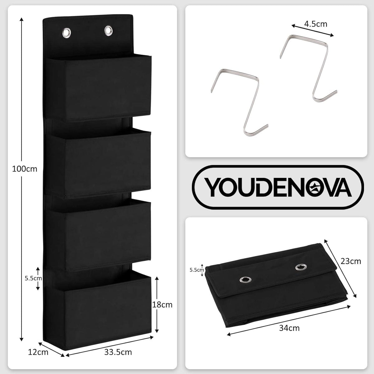 YOUDENOVA Tür Hängeorganizer mit 4 Taschen und 2 Metallhaken Schwarz