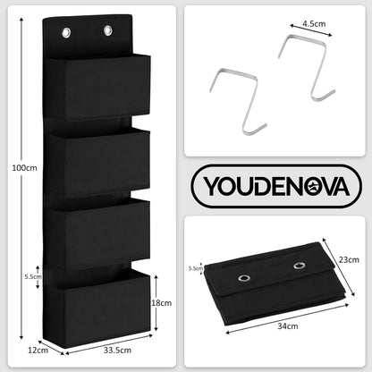 YOUDENOVA Tür Hängeorganizer mit 4 Taschen und 2 Metallhaken Schwarz