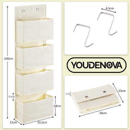 YOUDENOVA Tür Organizer Hängeorganizer 4 Taschen 2 Metallhaken Beige