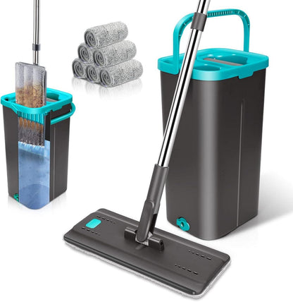 Wischmopp Set mit Eimer, Bodenwischer & 6 Mehrweg Wischpads