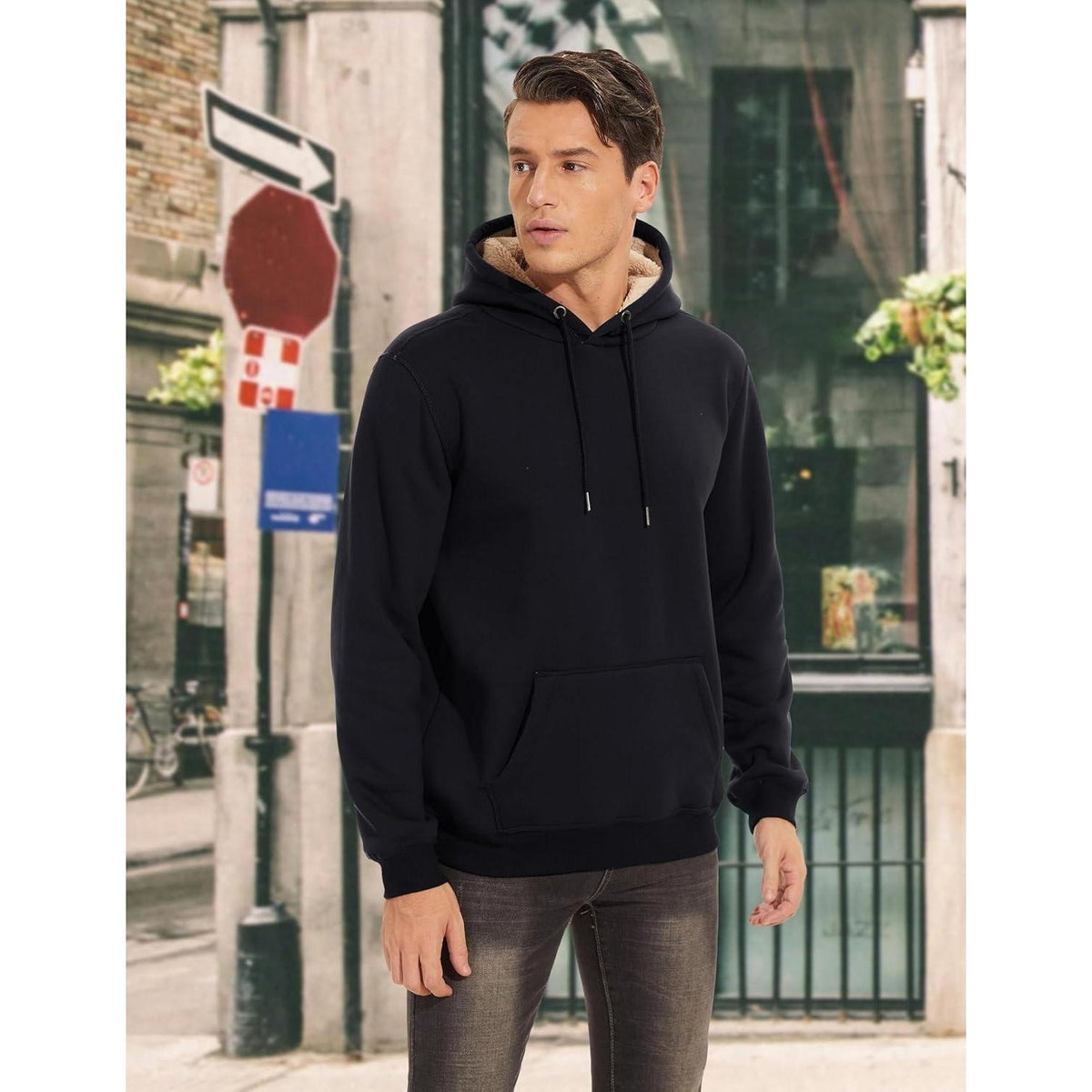 Herren Hoodie warm gefüttert mit Kapuze XXL Schwarz