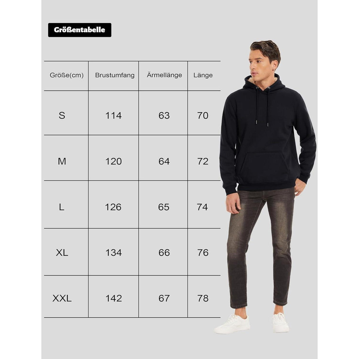 Herren Hoodie warm gefüttert mit Kängurutasche - Schwarz XL