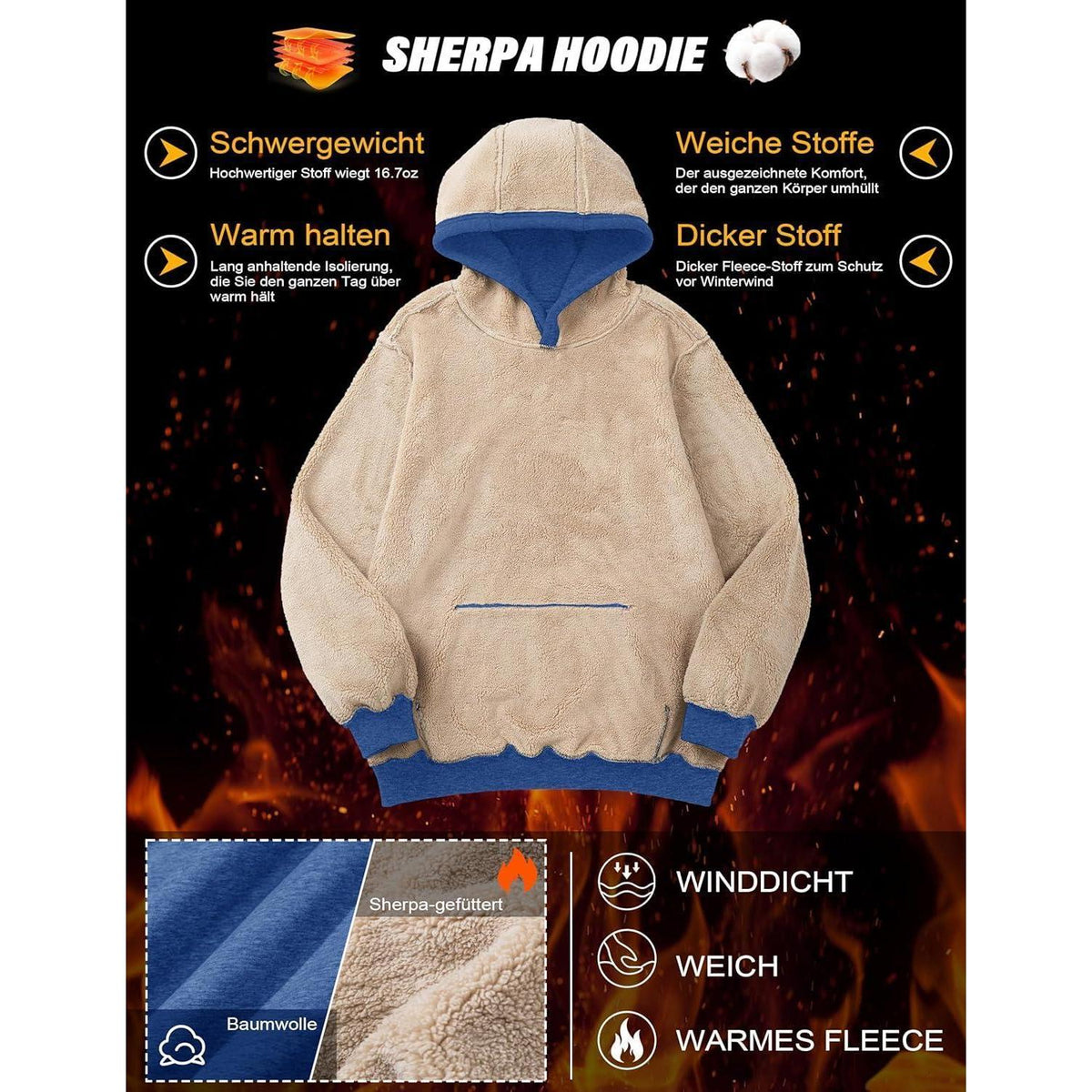 Herren Hoodie Gefüttert mit Kordelzug - Grau Blau L