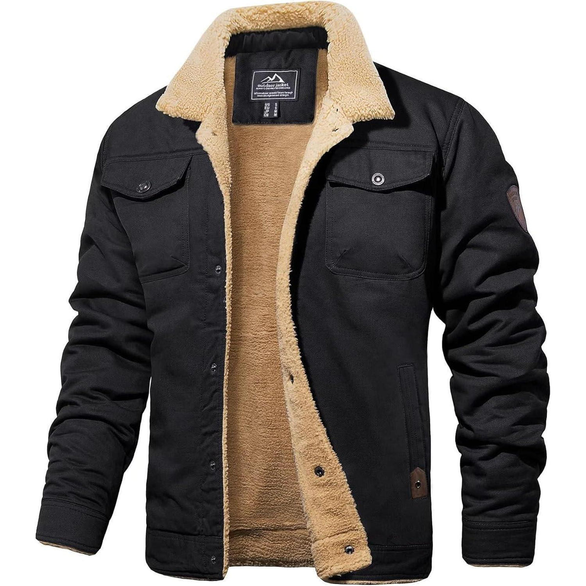 Herren Fleecejacke Winterparka mit 5 Taschen – Schwarz 3XL