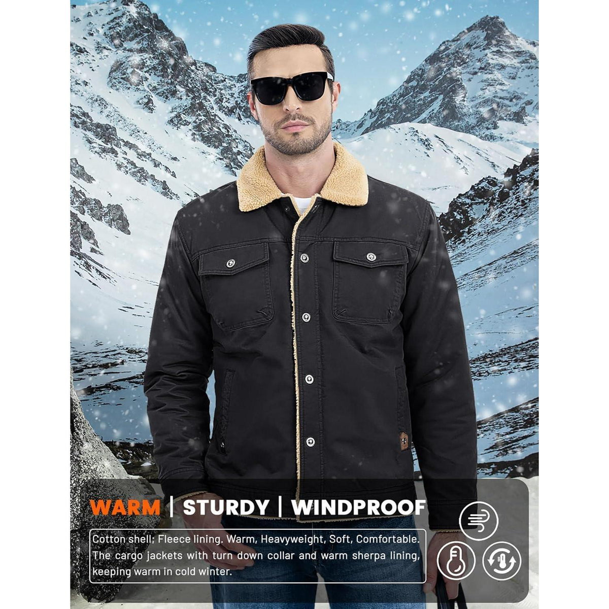 Herren Fleecejacke Winterparka mit 5 Taschen – Schwarz 3XL