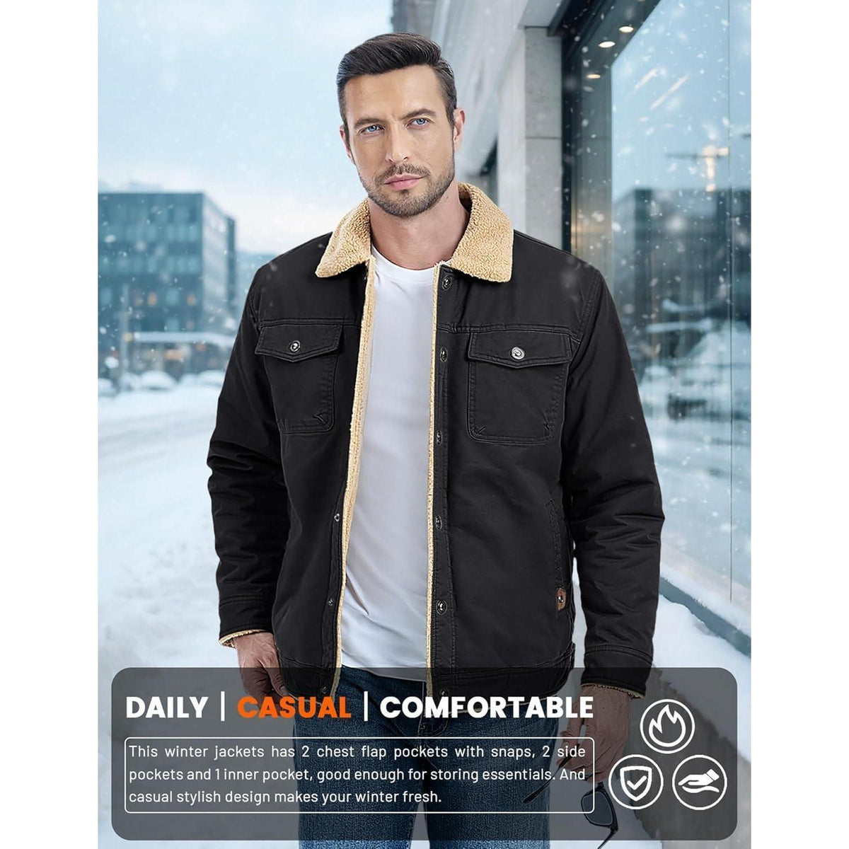 Herren Fleecejacke Winterparka mit 5 Taschen – Schwarz 3XL