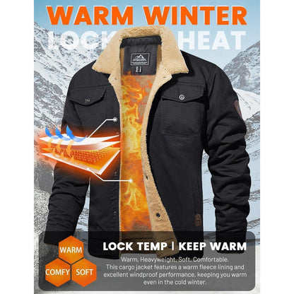 Herren Fleecejacke Winterparka mit 5 Taschen – Schwarz XL