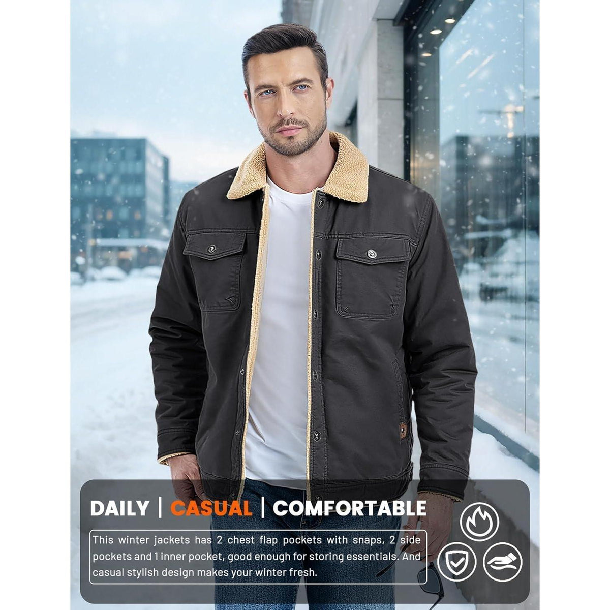 Herren Fleecejacke Winterparka Dunkelgrau mit 5 Taschen