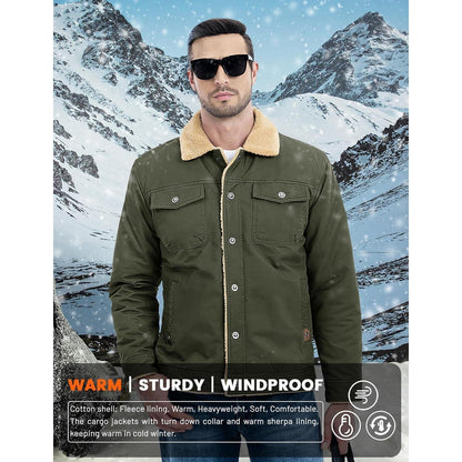 Herren Fleecejacke Winterparka mit 5 Taschen – Armeegrün