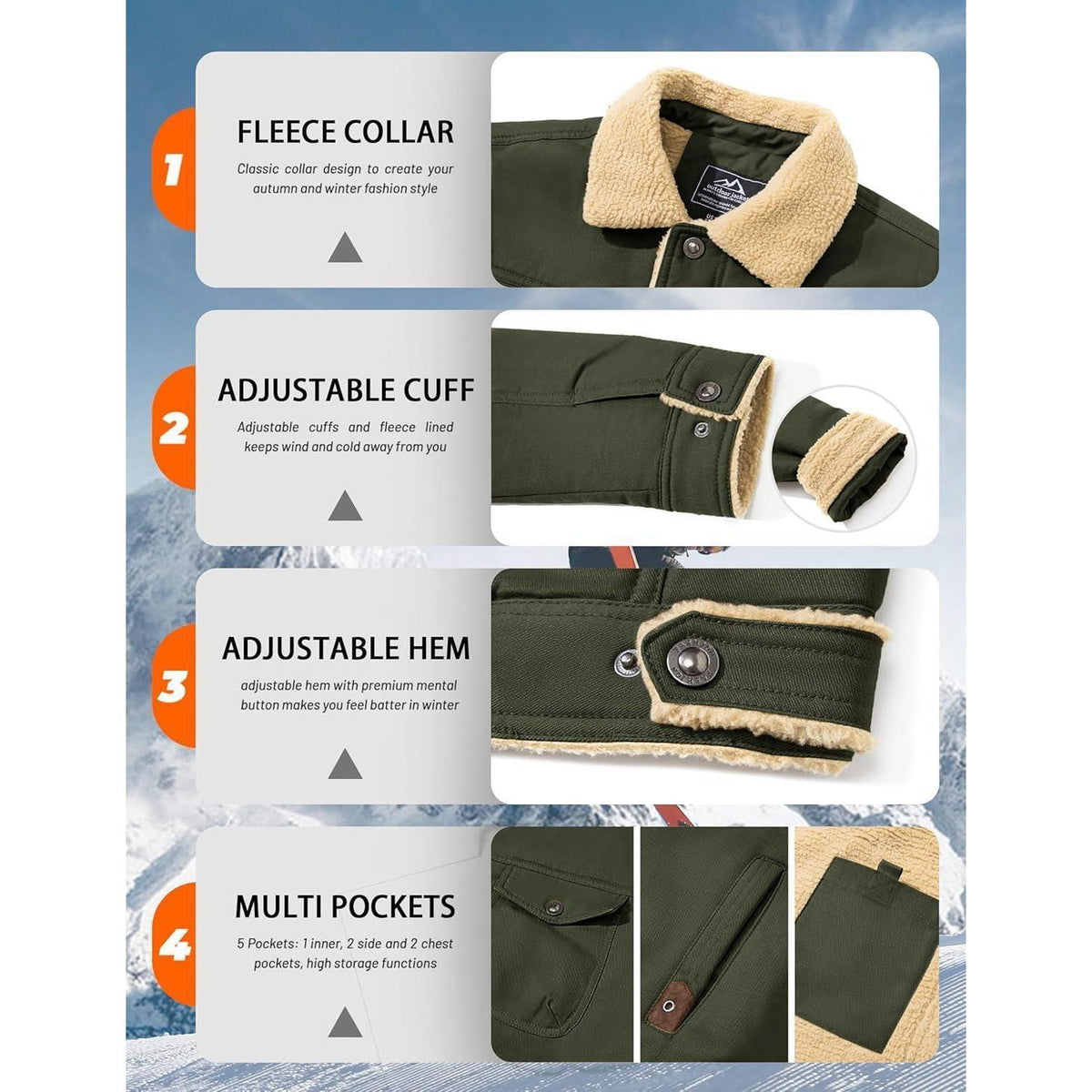 Herren Fleecejacke Winterparka mit 5 Taschen – Armeegrün