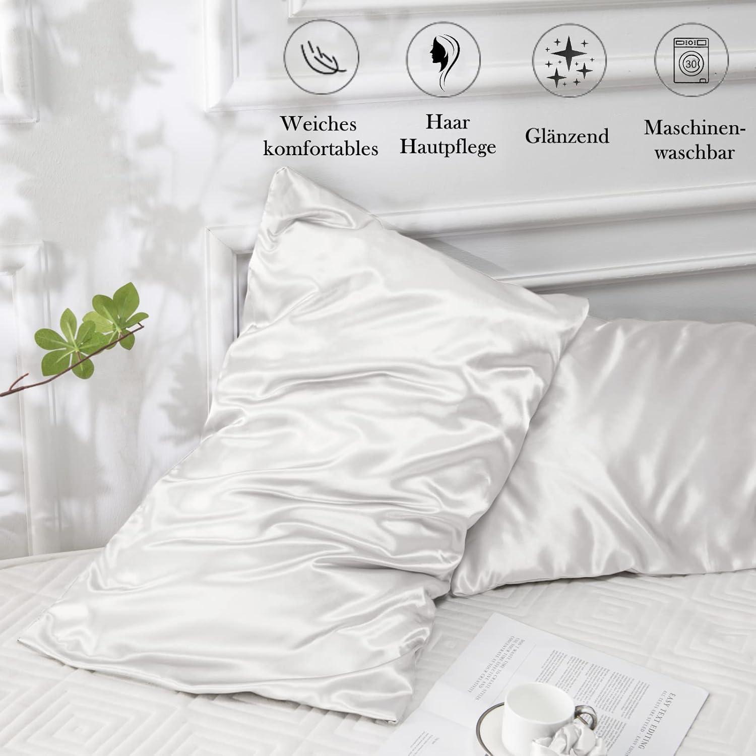 Satin Kissenbezug 40x80 Weiß 2er Set mit Haargummis & Pflege