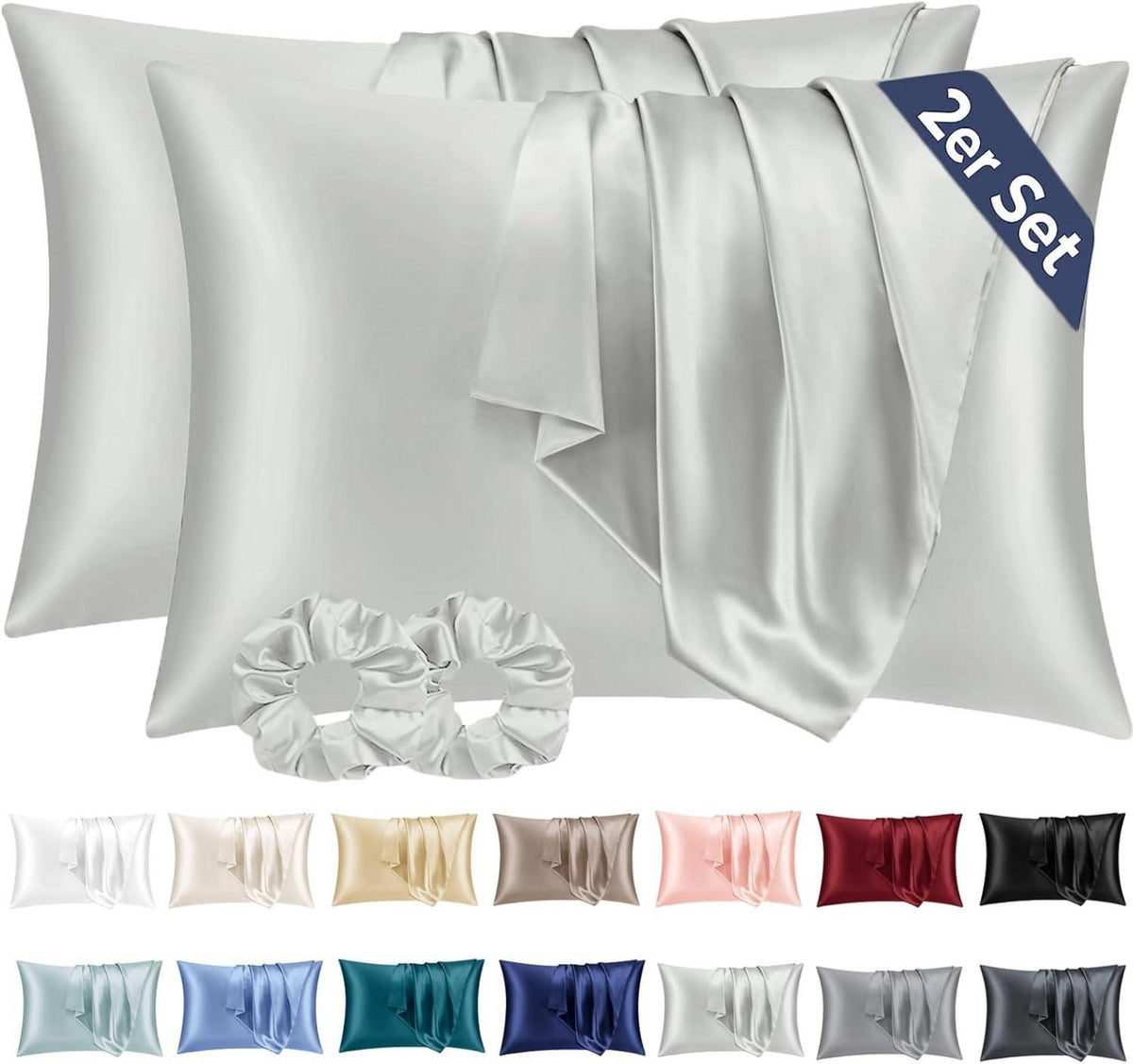 Satin Kissenbezug 40x80 Set mit Haargummis & Pflege, Schwarz