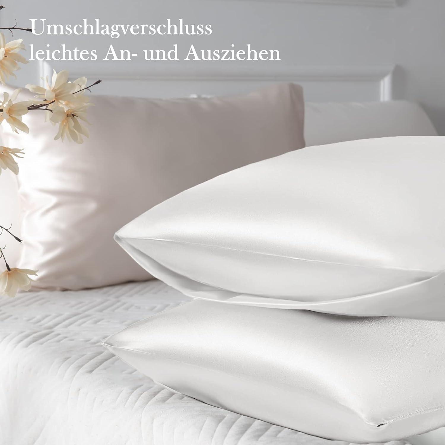 2er Set Satin Kissenbezug 40x80 Ivory mit Haargummis