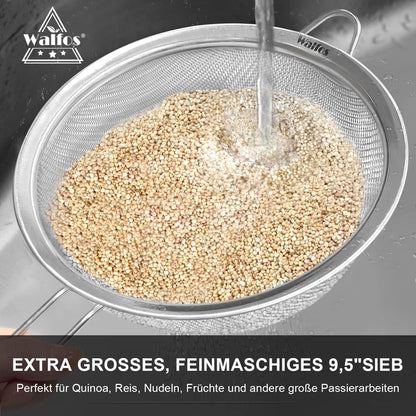 Feinmaschsieb Premium-Edelstahl, verstärkter Rahmen, stabiler Griff