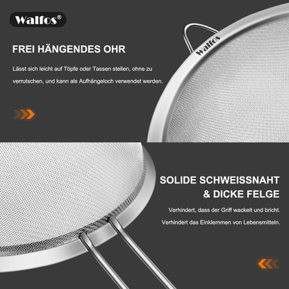 Walfos Feinmaschsieb-Set Premium Edelstahlsiebe stabil Griff Gemüse Pasta Tee 4 Größen 7cm 12cm 18cm 24cm