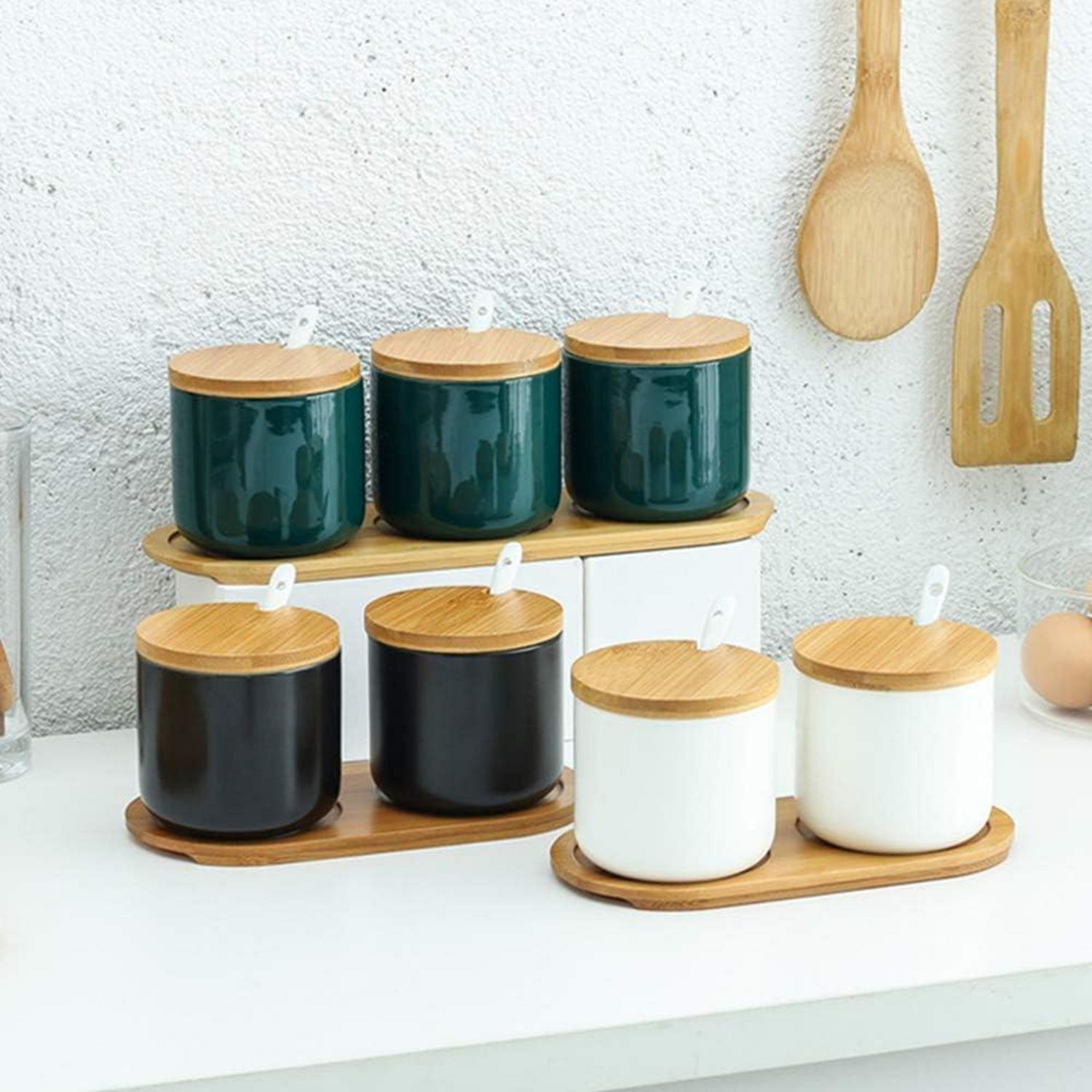 2er Set Gewürzdosen Keramik 260ml mit Bambusdeckel und Löffel