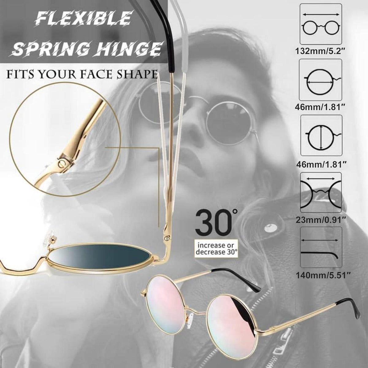 Retro Runde Sonnenbrille Herren Damen Polarisierte Vintage Hippie UV400 Gold Rosa