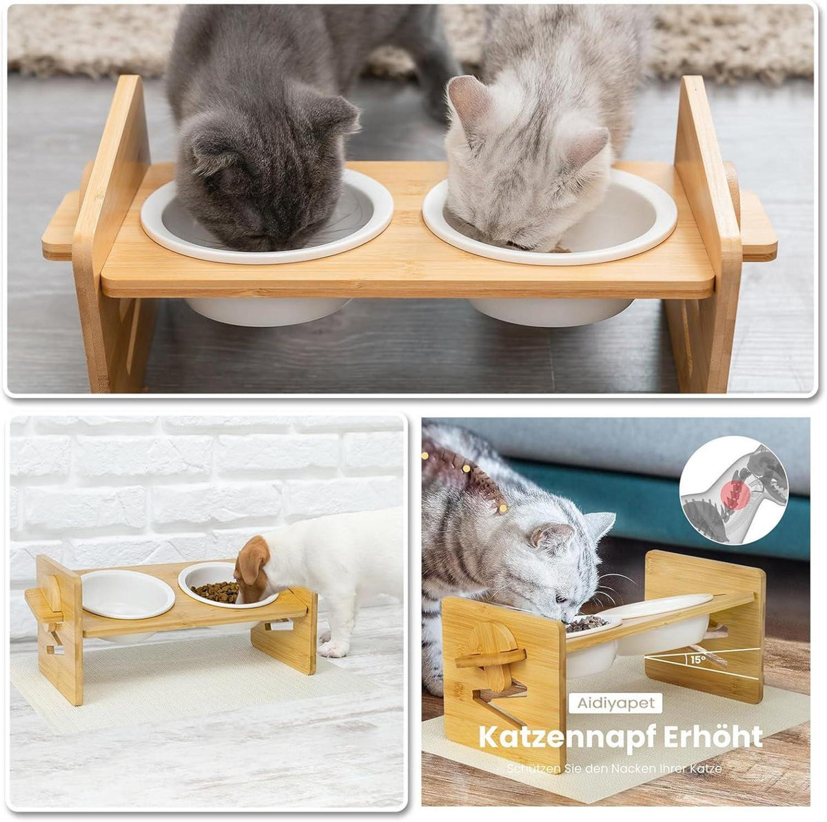 Katzennapf erhöht Keramik Futternapf 15° Neigung mit Bambusgestell