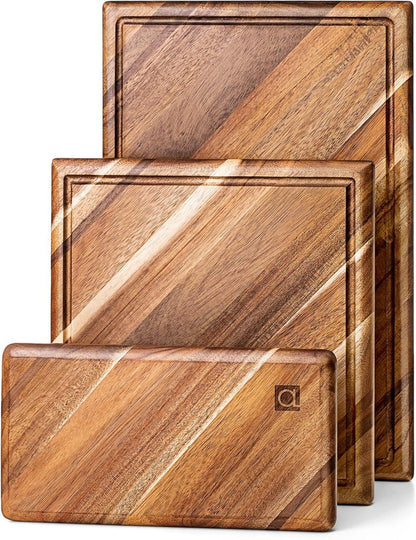 Chorus Schneidebrett Holz 3er Set Saftrille Küche 100% natürliches Akazienholz 28,9x42,4 cm