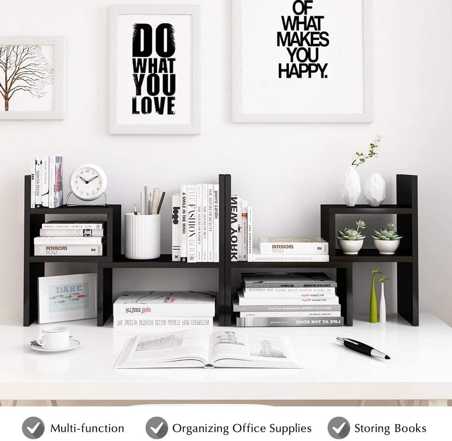 Desktop-Bücherregal aus Holz Schwarz, Erweiterbares Tischregal