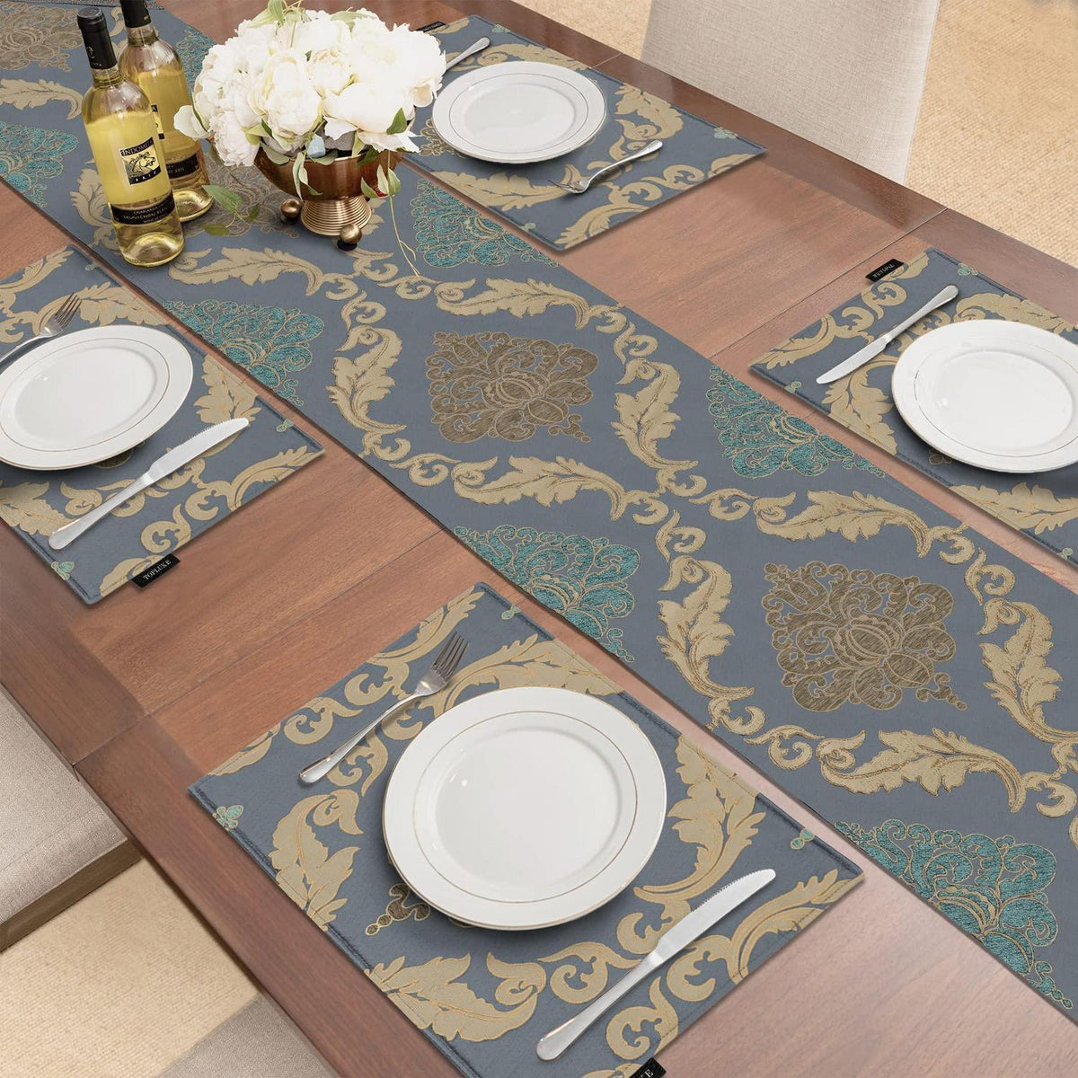 Tischläufer mit Quasten Grau Blau 33x274cm Jacquard