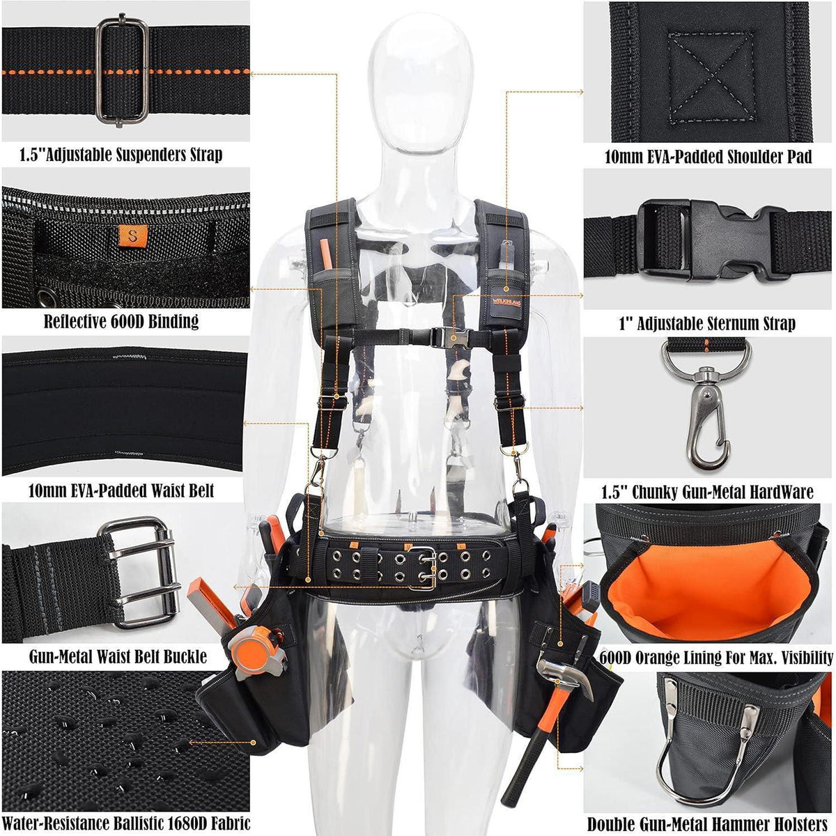 Herren Werkzeuggürtel mit Hosenträgern, 39 Taschen, gepolstert, Schwarz/Orange