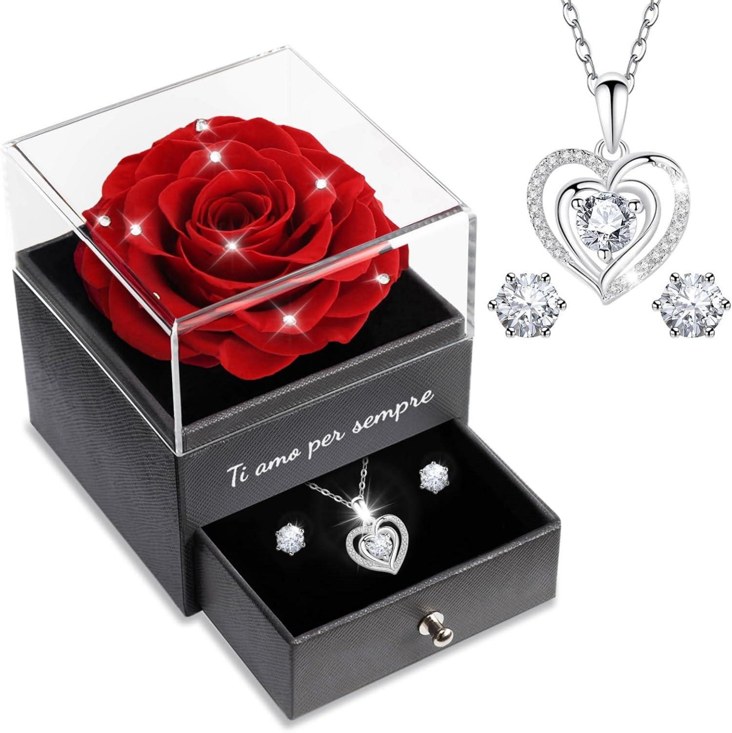 Ewige Konservierte Rosen Geschenkset mit Halskette und Ohrringen
